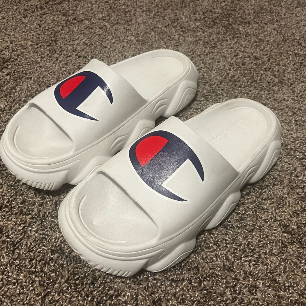 Champion Kids White and Navy Slide Sandals